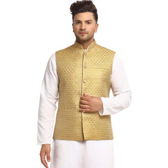 Sleeveless Traditional Brocade Silk Fabric Golden Nehru Jacket by Treemoda - Picture 1 of 5
